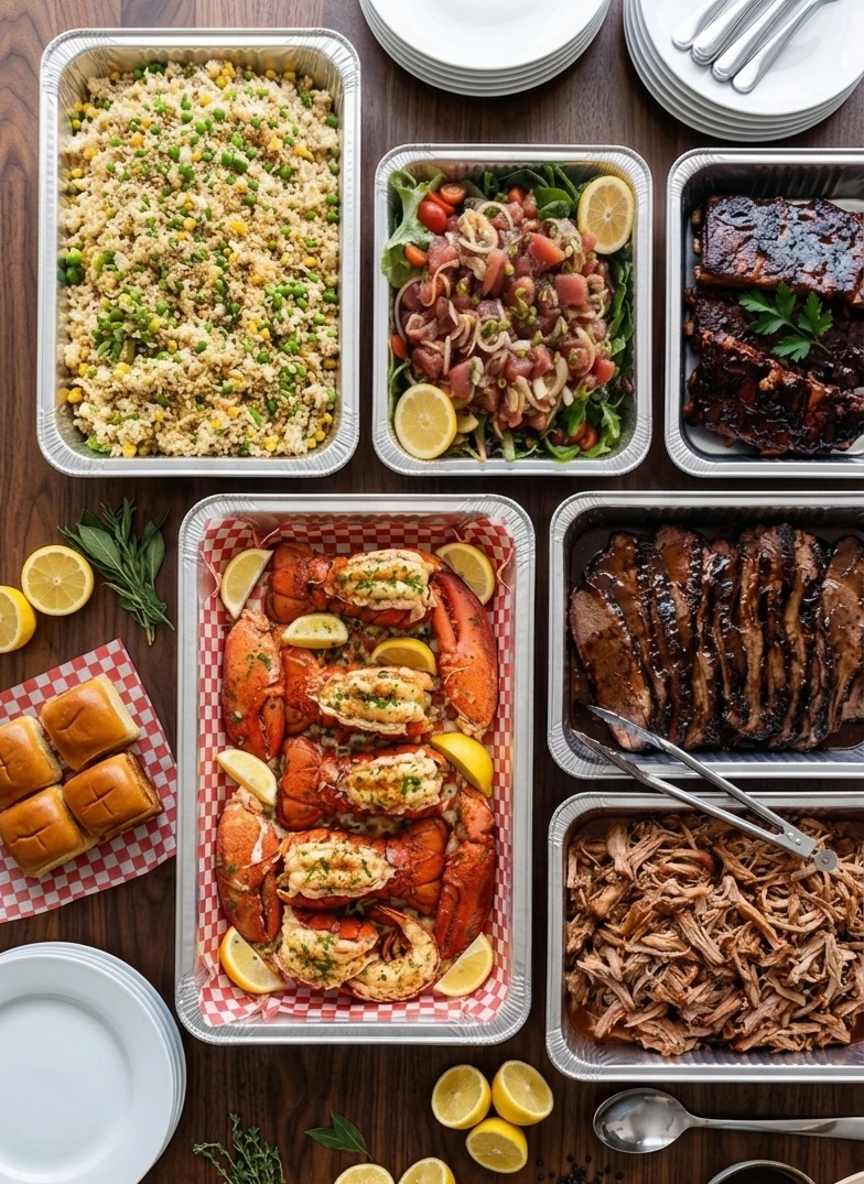 A Kaka'ako Market catering spread — trays of lobster, smoked brisket, poke salad, fried rice, pulled pork, and rolls