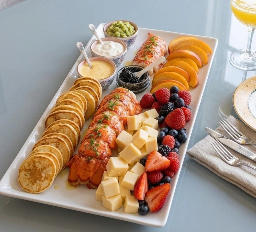 A grazing platter for a gathering — lobster tails, blini, cheese, fresh berries, stone fruit, dipping sauces, and a mimosa