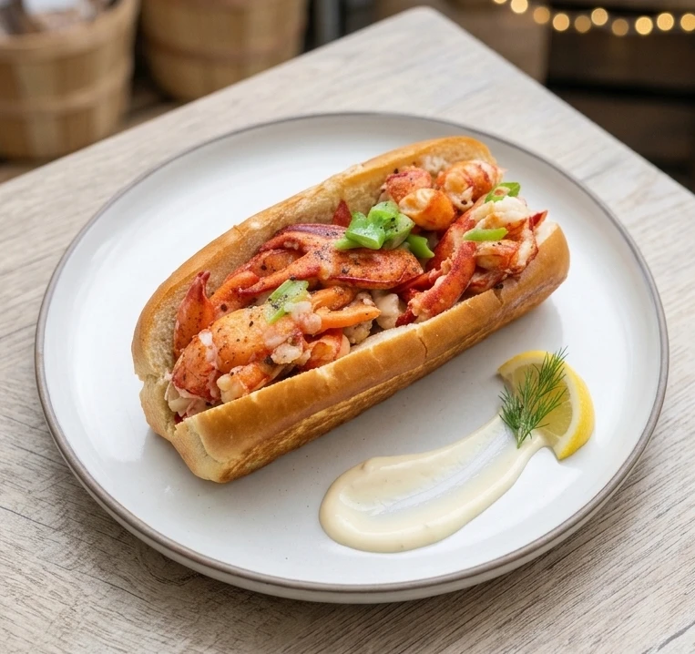 Hale's signature lobster roll — butter-poached lobster on a toasted split-top bun with scallion, lemon, and house aioli