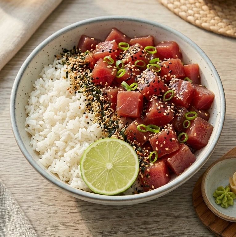 Fresh ahi poke bowl — cubed tuna with sesame, scallion, furikake, lime, and steamed rice