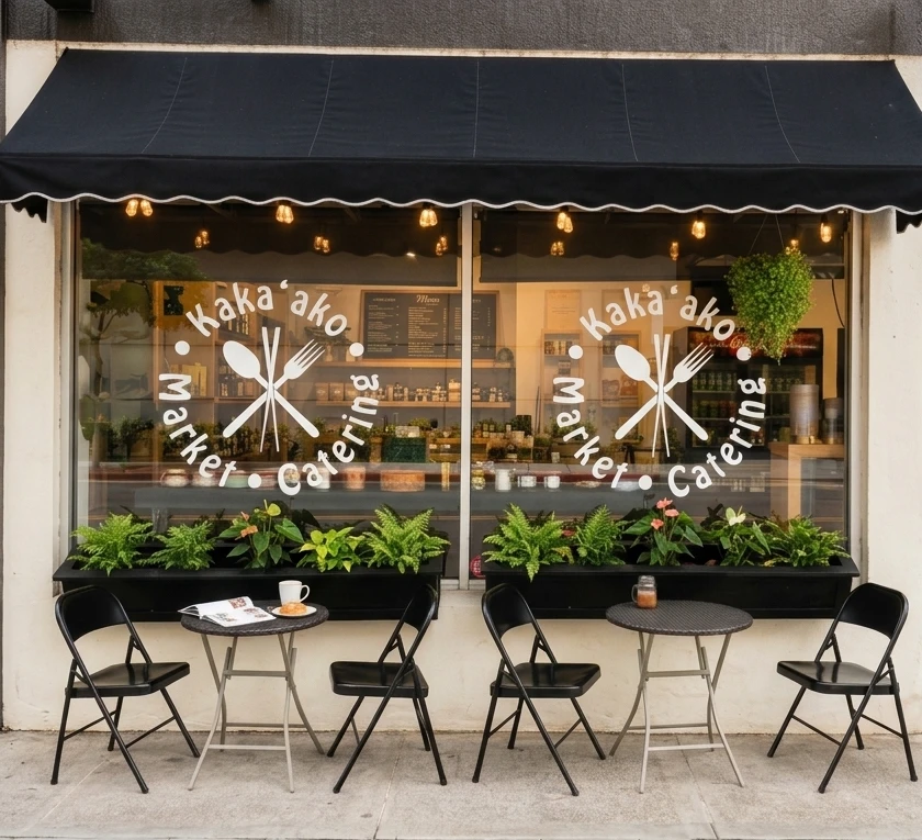 The Kaka'ako Market and Catering storefront on Waimanu Street — black awning, string lights, and sidewalk bistro tables