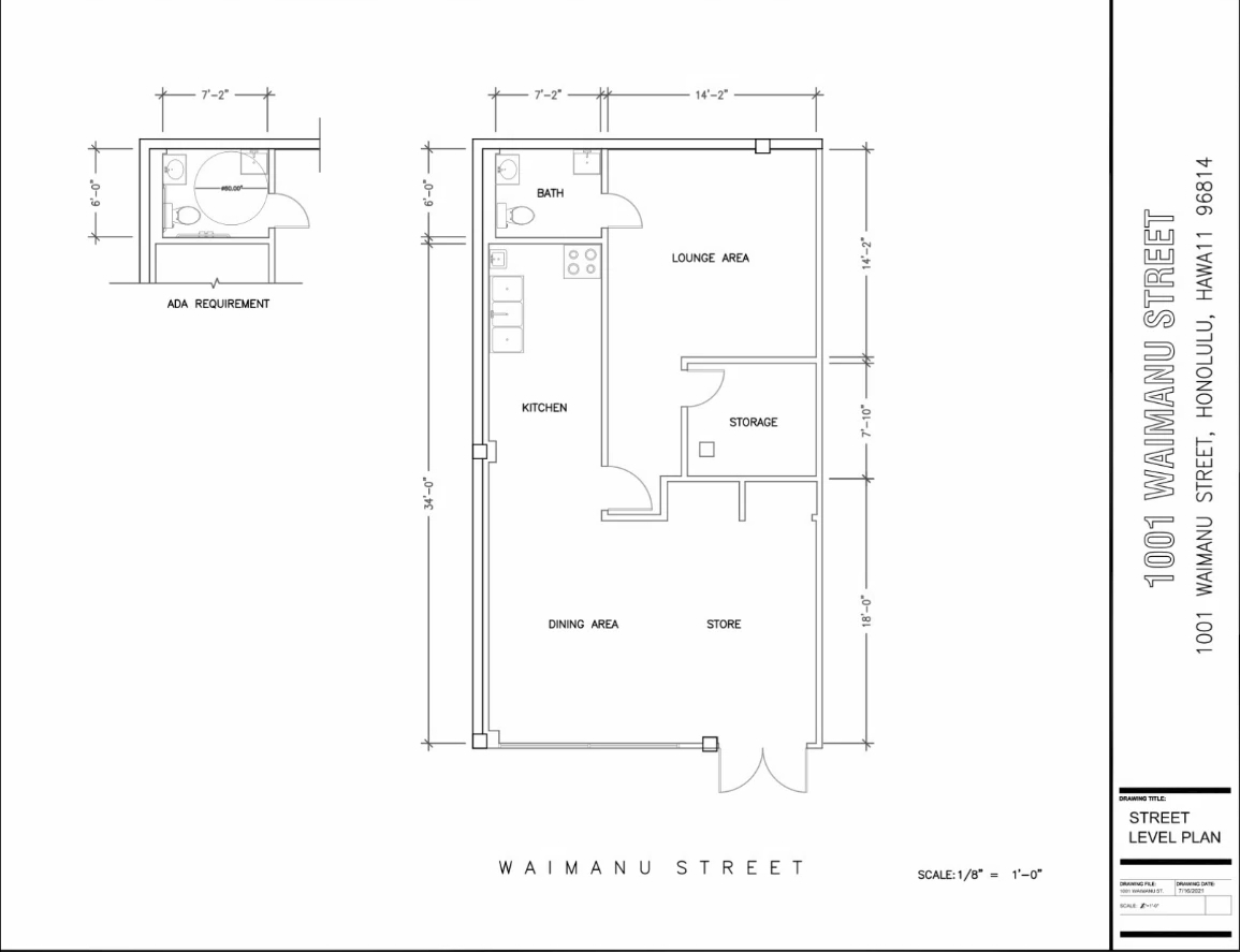 Street-level floor plan of 1001 Waimanu Street — dining area, store, kitchen, lounge, storage, and ADA bath